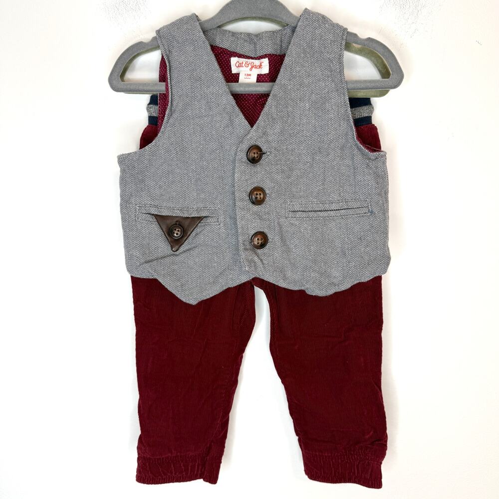 Cat & Jack Baby Boy Vest Corduroy Pants Holiday Christmas Set Size 12 Months